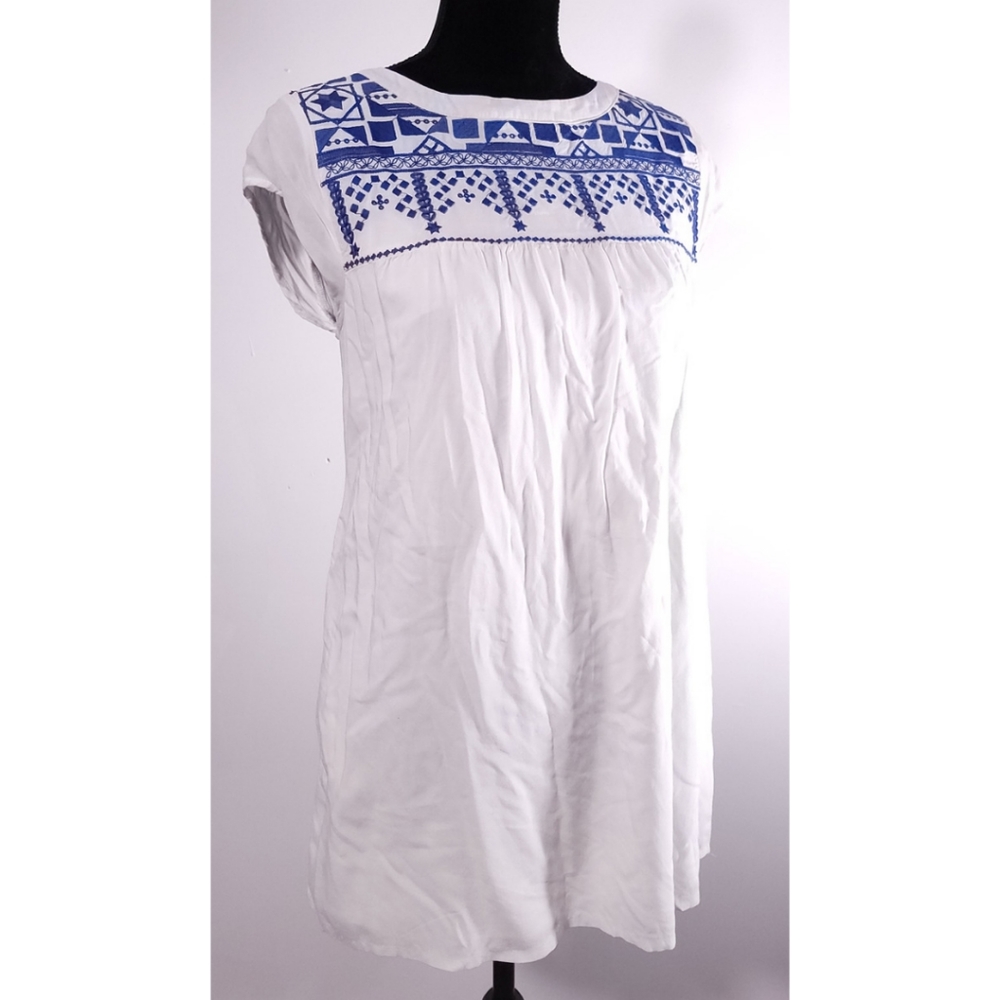 Love Fire Vintage Inspired Embroidered Bib Top Blouse White & Blue Sz Small